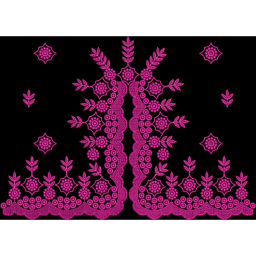 Vibrant Pink Ornamental Floral Border and Panel Design on Black Background for Textile Prints