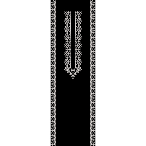 Minimal White Ornamental Embroidered Neckline and Side Border Panel Design on Black Background for Textile Prints