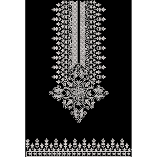 Elegant White Ornamental Embroidered Front Panel Design with Geometric Floral Motif on Black Background for Textile Prints
