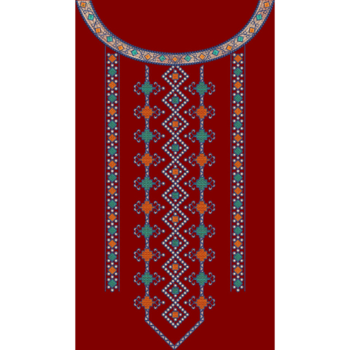 Traditional Multicolor Geometric Neckline Front Panel Design on Deep Red Background for Textile Prints