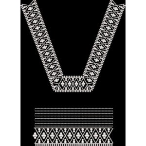 Minimal White Geometric Embroidered Neckline and Border Design on Black Background for Textile Prints