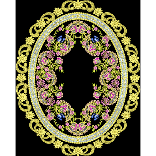 Luxury Oval Floral Medallion Embroidered Design in Gold and Multicolor on Black Background for Textile Prints