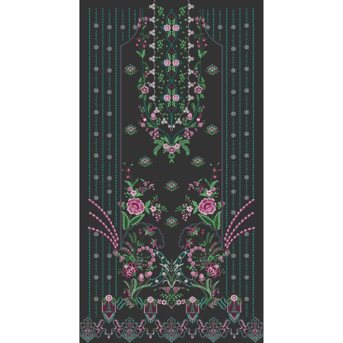 Elegant Floral Embroidered Front Panel Design in Pink and Green on Dark Background for Textile Prints