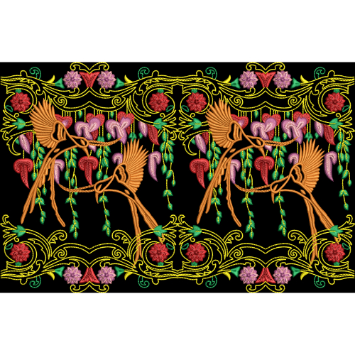 Royalty Free Bird Floral Border Embroidery Design with Rich Multicolor Thread Work