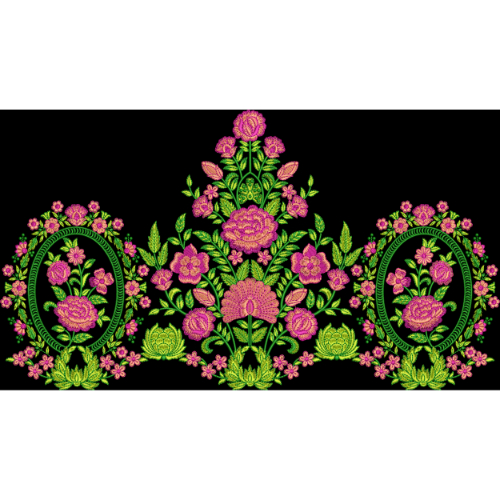 Royal Floral Medallion Embroidery Border Design in Pink and Green on Black