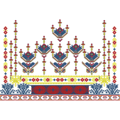 Traditional Folk Geometric Embroidery Border Design in Red, Blue, and Yellow