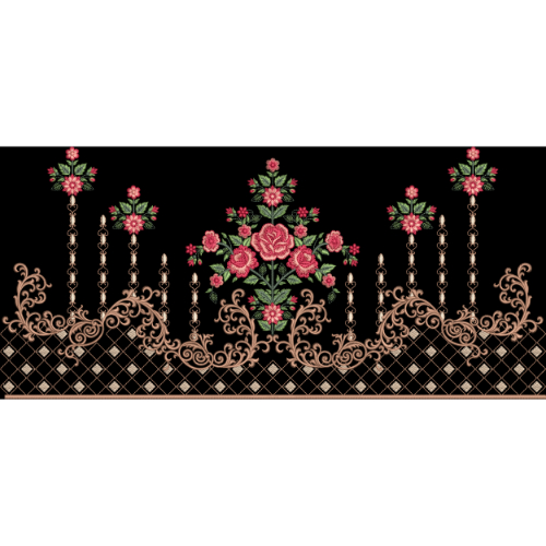 Elegant Floral Chandelier Embroidery Border Design with Roses on Black