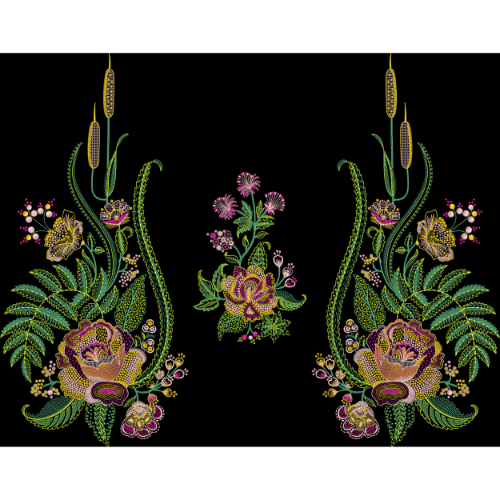 Symmetrical Floral Embroidery Panel Design with Hanging Bud Motifs on Black