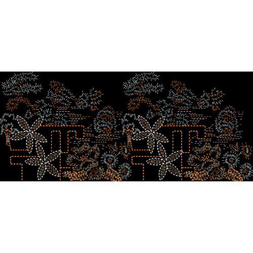 Modern Floral Geometric Embroidery Border Design in White and Gold on Black