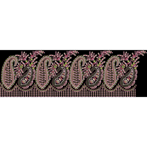 Elegant Paisley Floral Embroidery Border Design in Pink and Green on Black