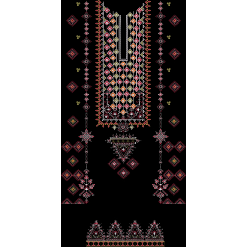 Traditional Geometric Neckline Embroidery Panel Design in Red and Ivory on Black