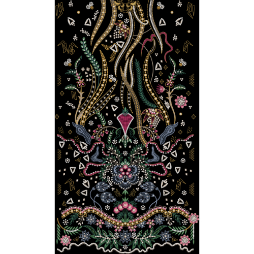 Luxury Ornamental Floral Embroidery Panel Design with Flowing Vines on Black