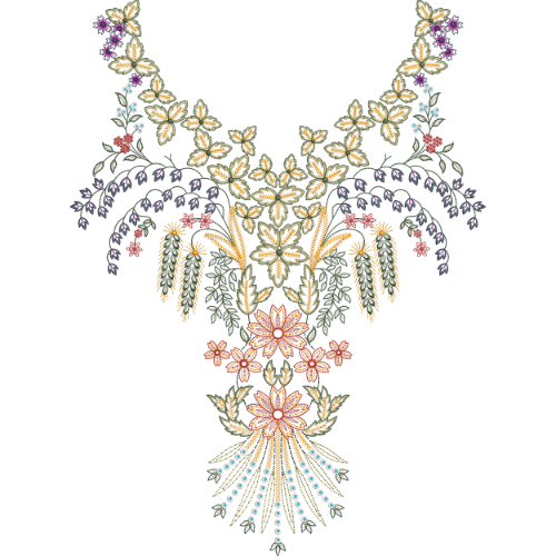 Delicate Botanical Floral Neckline Embroidery Design in Pastel Multicolor