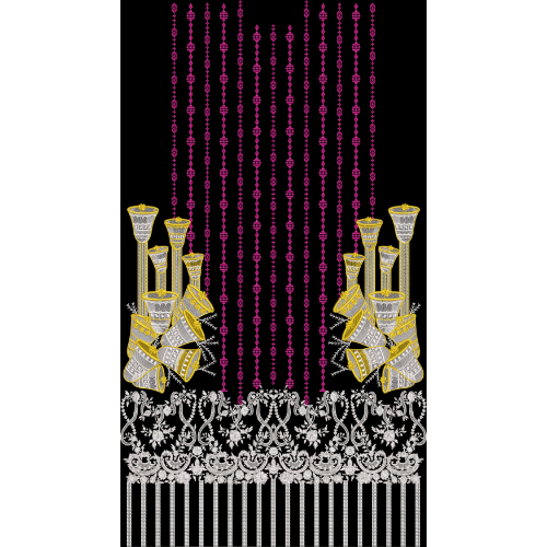 Ornamental Panel Textile Design with Floral Border and Vertical Bead Pattern