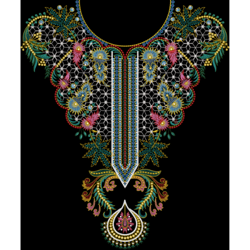 Luxury Multicolor Floral Embroidery Neckline Panel Textile Design