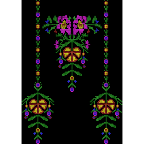 Traditional Pixel-Style Floral Embroidery Neckline Panel Textile Design