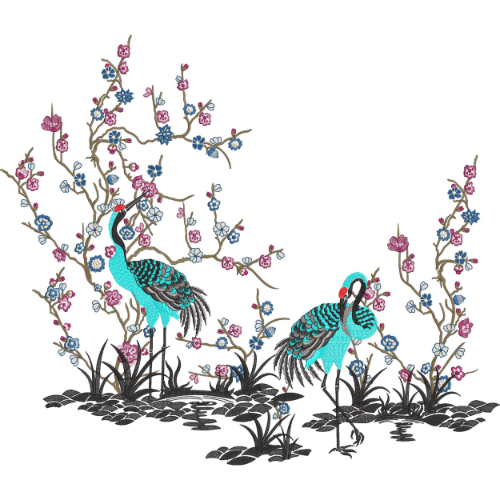 Floral Crane Garden Embroidery Design