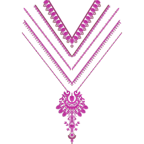 Pink Floral V-Neck Embroidery Design with Hanging Central Motif