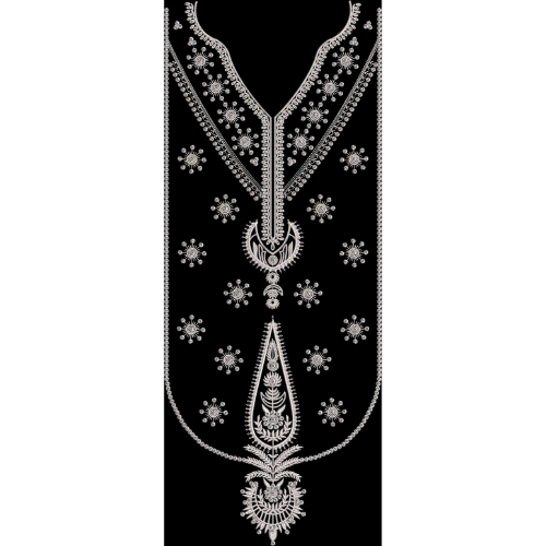 White Floral V-Neck Embroidery Design with Central Pendant Motif