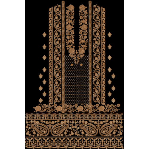 Golden Floral Mughal-Style Embroidery Panel with Ornamental Border