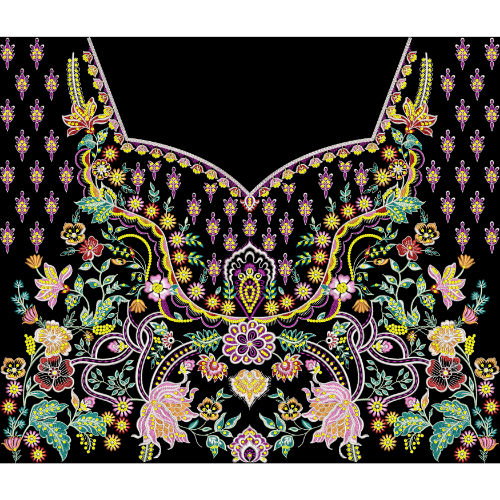 Royalty Free Heavy Neckline Embroidery Design with Intricate Floral and Bird Motifs