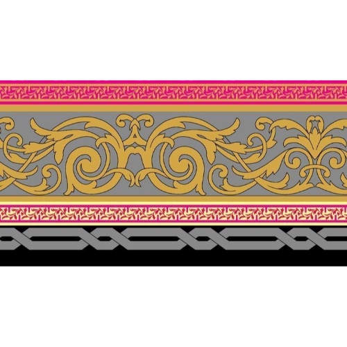 Elegant Ornamental Scroll Border Textile Print in Gold, Grey, and Pink Accents