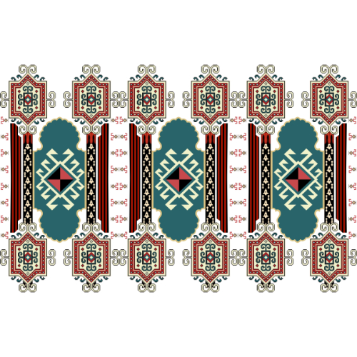 Traditional Geometric Panel Border Textile Print with Tribal Motifs in Teal and Red