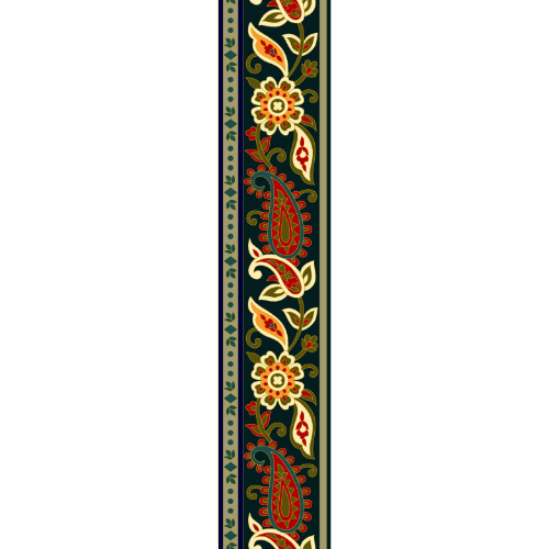 Traditional Floral Paisley Border Textile Print in Dark Green and Red Accents