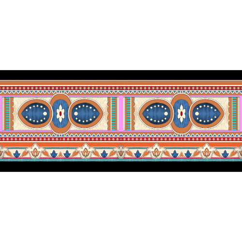 Traditional Ornamental Border Textile Print with Geometric Motifs in Blue and Peach