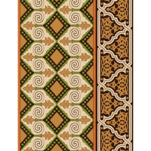 Traditional Geometric and Ornamental Border Textile Print in Green and Brown Tones