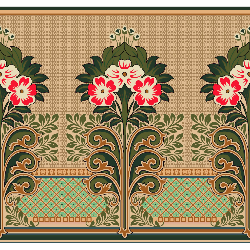 Traditional Floral Panel Border Textile Print with Art Nouveau Influence