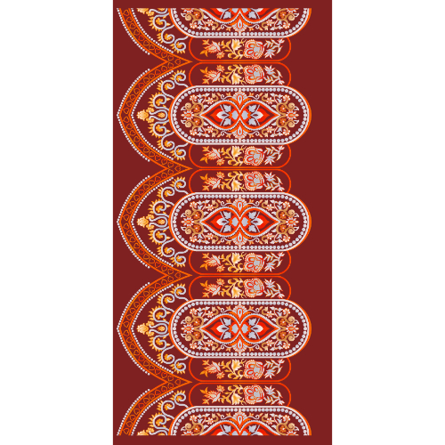 Traditional Paisley Scalloped Vertical Border Textile Print in Deep Maroon