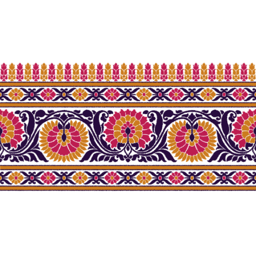 Traditional Floral Vine Border Textile Print in Magenta, Mustard, and Navy