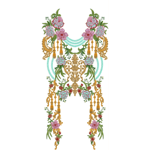 Elegant Floral Neckline Embroidery Design with Hanging Tassels | Designer Gala Pattern