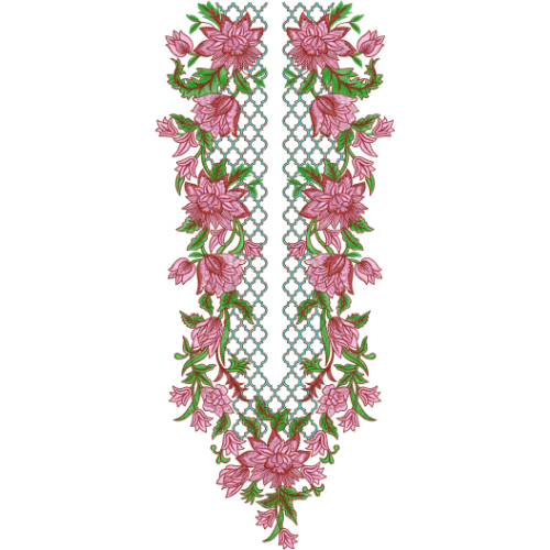 Elegant Rose Floral Long Neckline Embroidery Design | Designer Kurti Gala Pattern