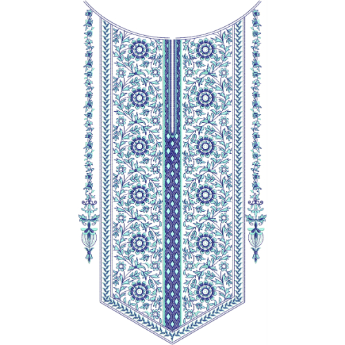 Elegant Blue Floral Long Neckline Embroidery Design | Designer Kurti Gala Pattern