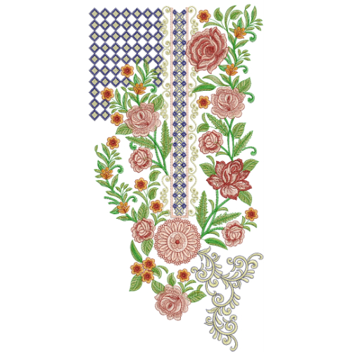 Elegant Floral Neckline Embroidery Design | Vintage Rose Kurti Gala with Geometric Panel