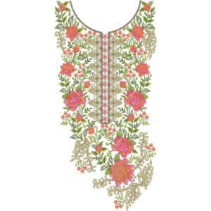 Luxurious Rose Garden Neckline Embroidery Design with Elegant Golden Scroll Details