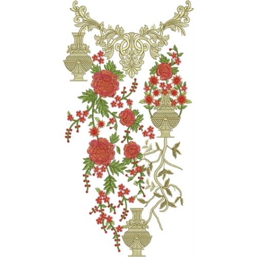 Elegant Floral Vase Neckline Embroidery Design with Ornamental Gold Scrollwork