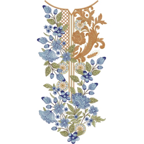 Royal Blue Floral Neckline Embroidery Design with Ornamental Gold Scrollwork