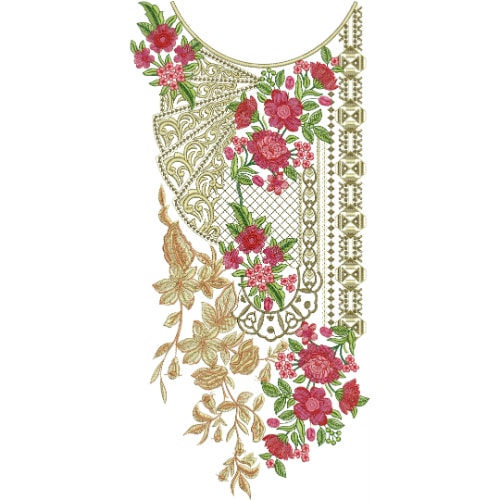 Elegant Floral Paisley Embroidery Neckline Design with Geometric Border