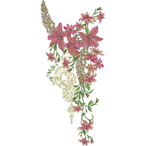 Elegant Asymmetrical Floral Neckline Embroidery Design with Pink Lily Flowers and Ornamental Motif