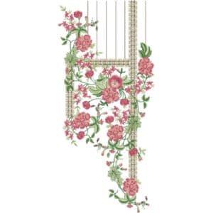 Stylish Square Neck Floral Embroidery Design with Pink Rose Vines and Geometric Border