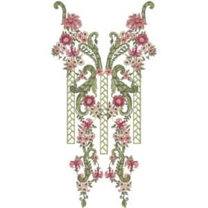 Royal Symmetrical Floral Neckline Embroidery Design with Vintage Scroll and Rose Pattern