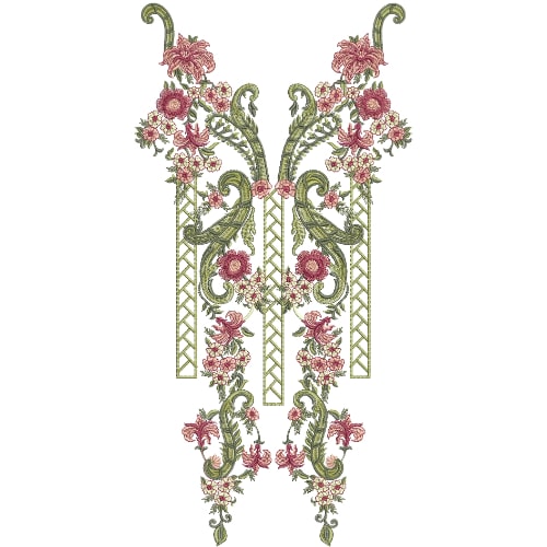 Royal Symmetrical Floral Neckline Embroidery Design with Vintage Scroll and Rose Pattern