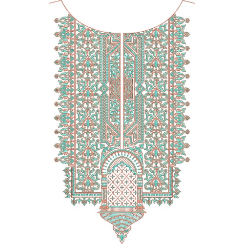 Traditional Mughal Style Heavy Embroidered Neckline Design with Geometric and Floral Pattern