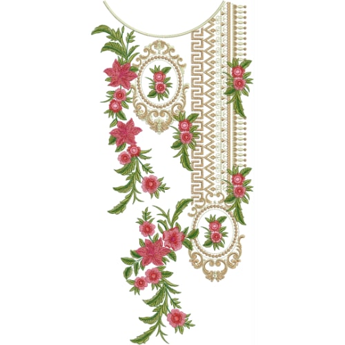 Elegant Side Panel Floral Neckline Embroidery Design with Rose Vines and Ornamental Border