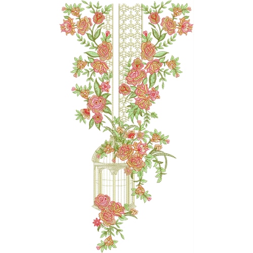 Elegant Floral Cage Style Neckline Embroidery Design with Peach Roses and Hanging Vines