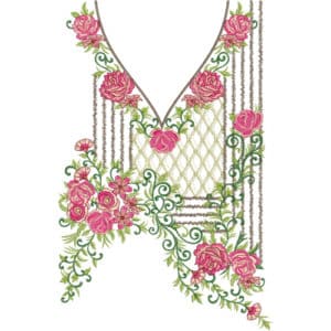 Elegant V-Neck Rose Floral Neckline Embroidery Design with Lattice and Hanging Detail