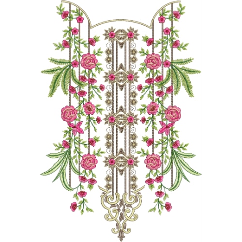 Royal Symmetrical Floral Neckline Embroidery Design with Rose Vines and Ornamental Panel